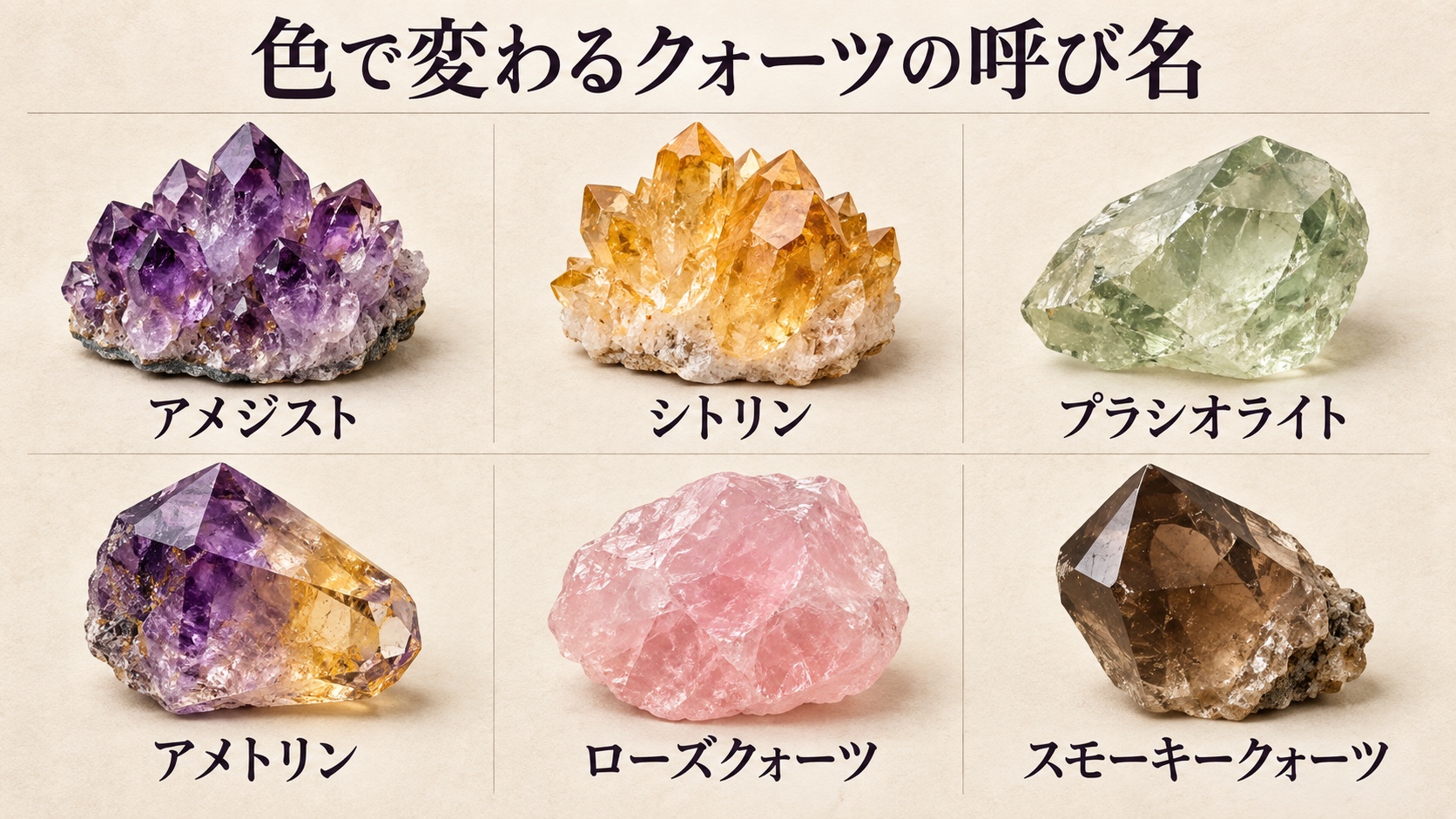 アメジスト、シトリン、プラシオライト、アメトリン、ローズクォーツ、スモーキークォーツを色別に並べた比較図