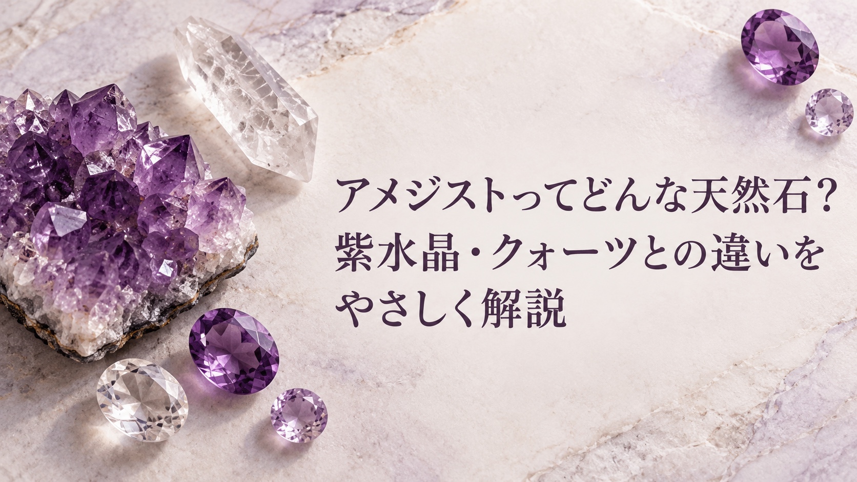 アメジストの原石、クリアクォーツ、紫色の裸石を俯瞰で配置した記事アイキャッチ