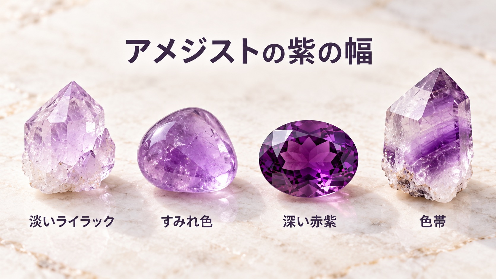 淡いライラック、中間の紫、深い赤紫のアメジストと、結晶内の色帯を並べた図解イメージ
