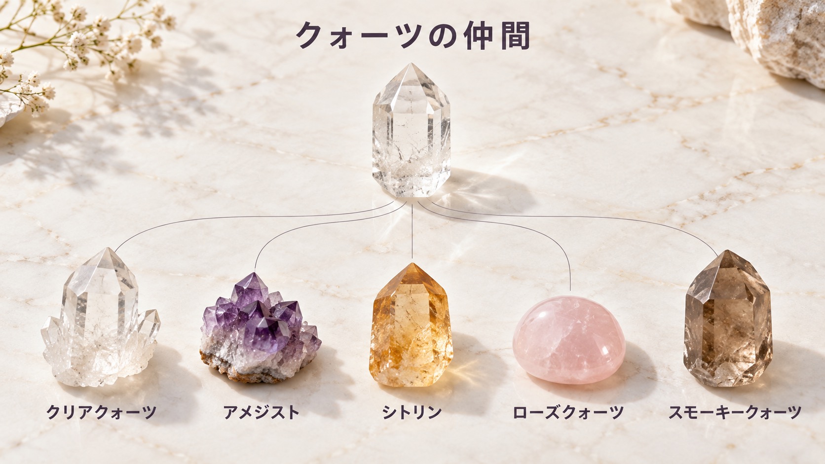 クォーツを中心に、アメジスト、クリアクォーツ、シトリン、ローズクォーツ、スモーキークォーツの関係を並べた図解イメージ