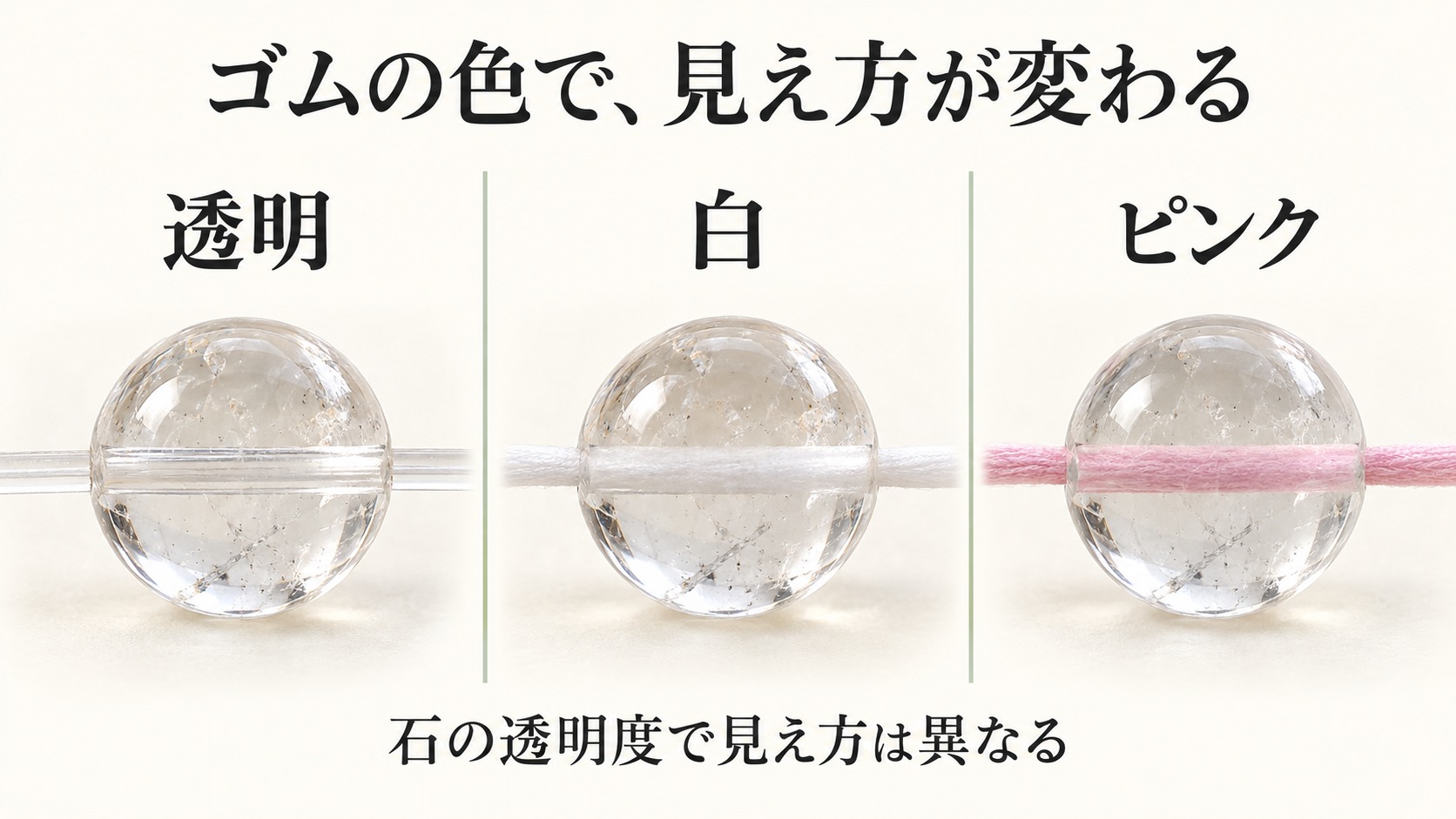 同じ透明な水晶の玉に透明・白・ピンクのゴムを通したときの見え方を比較する。色の影響は石の透明度で変わる