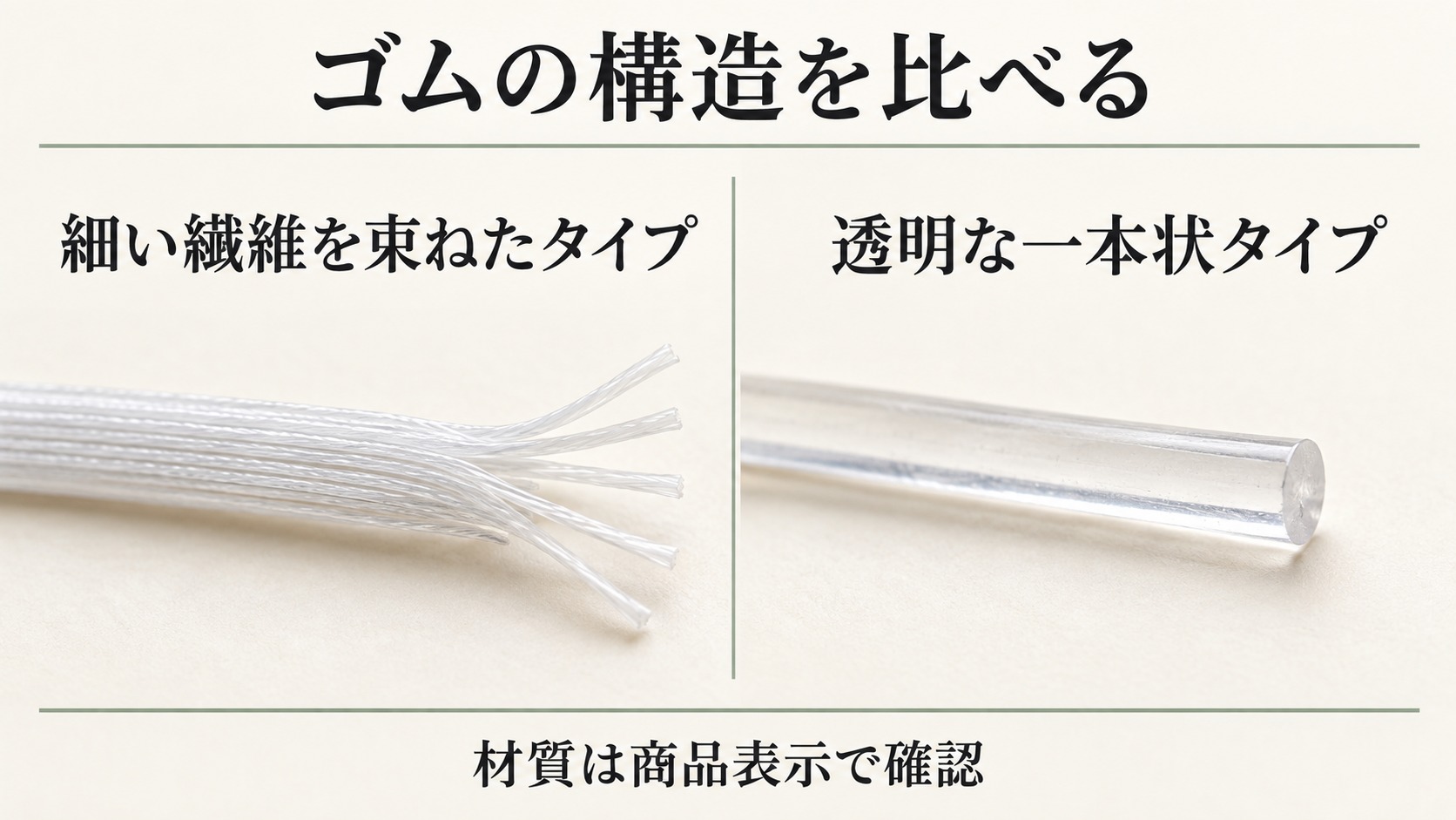 細い繊維を束ねたタイプと、透明な一本状タイプのゴムの構造を比べ、販売名だけで素材を判断しないと示す